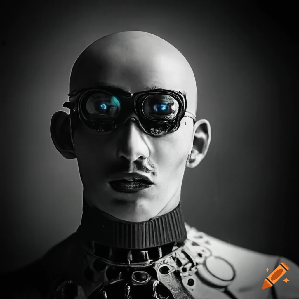 Photorealistic black and white photo of a 1920s style German male cyborg librarian
