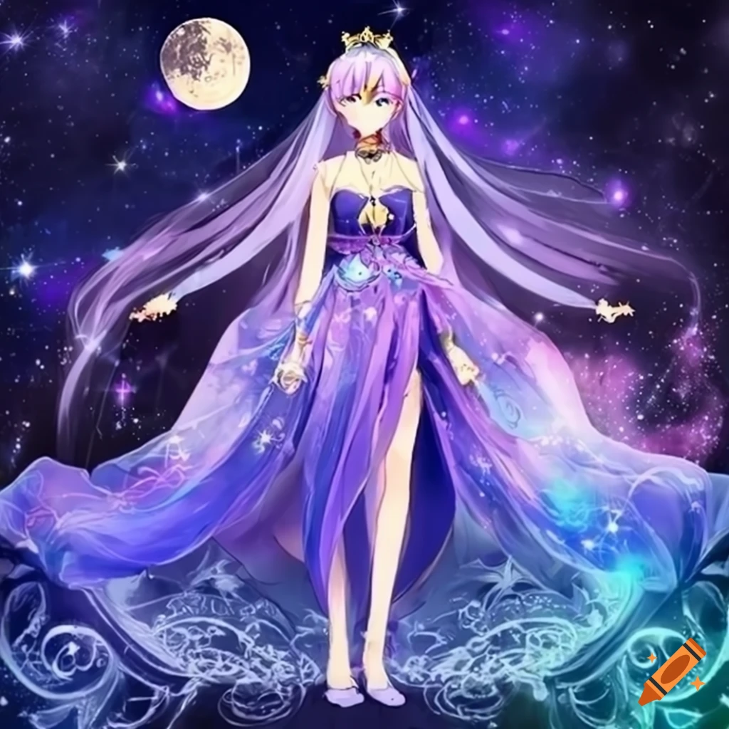 Anime lunar princess in ethereal dress with cosmic veil