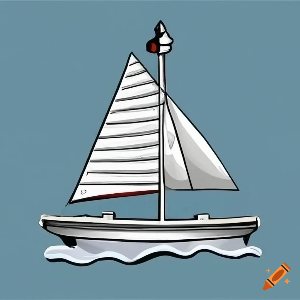 High-contrast black and white cartoon sailboat illustration in landscape orientation