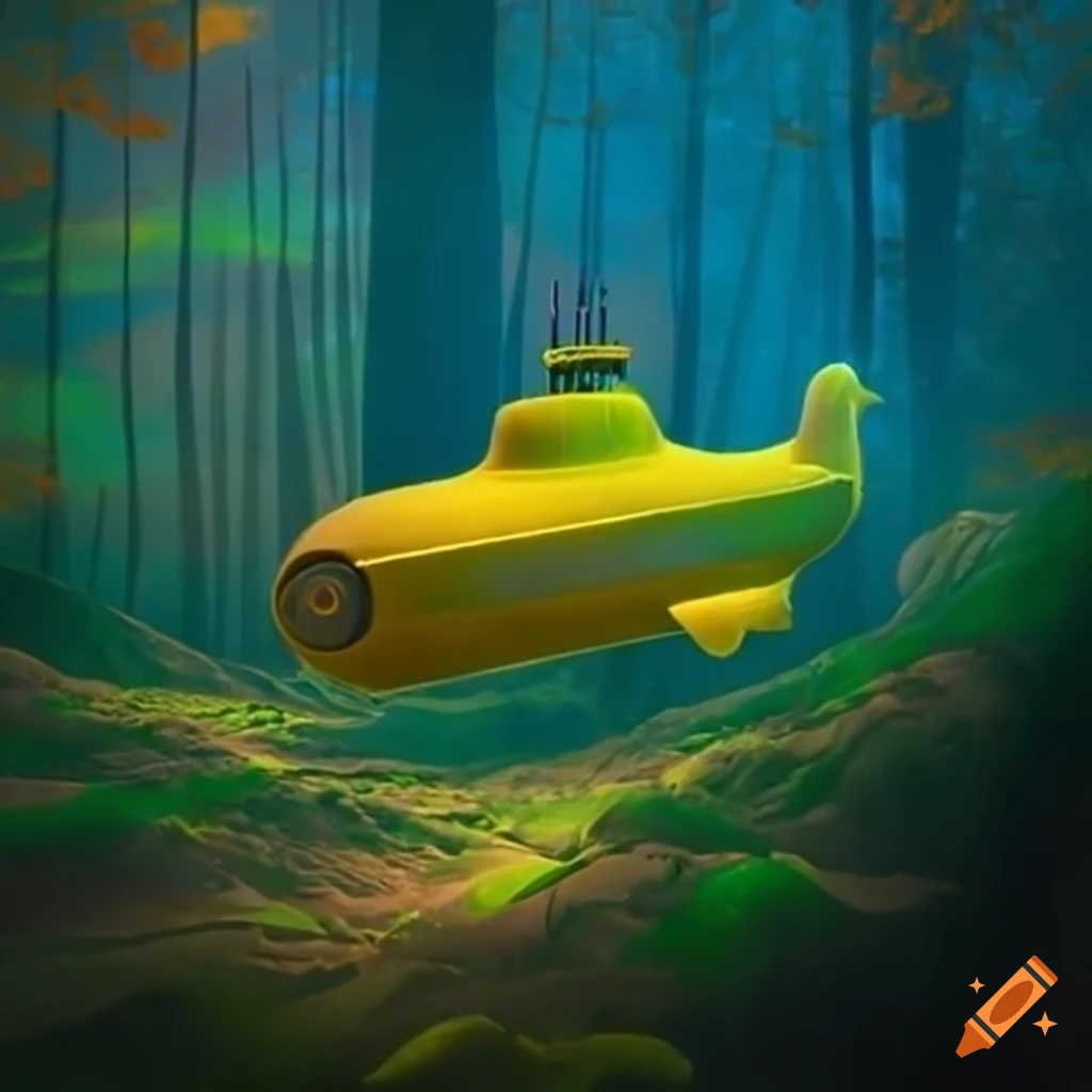 Yellow submarine in a glowing forest