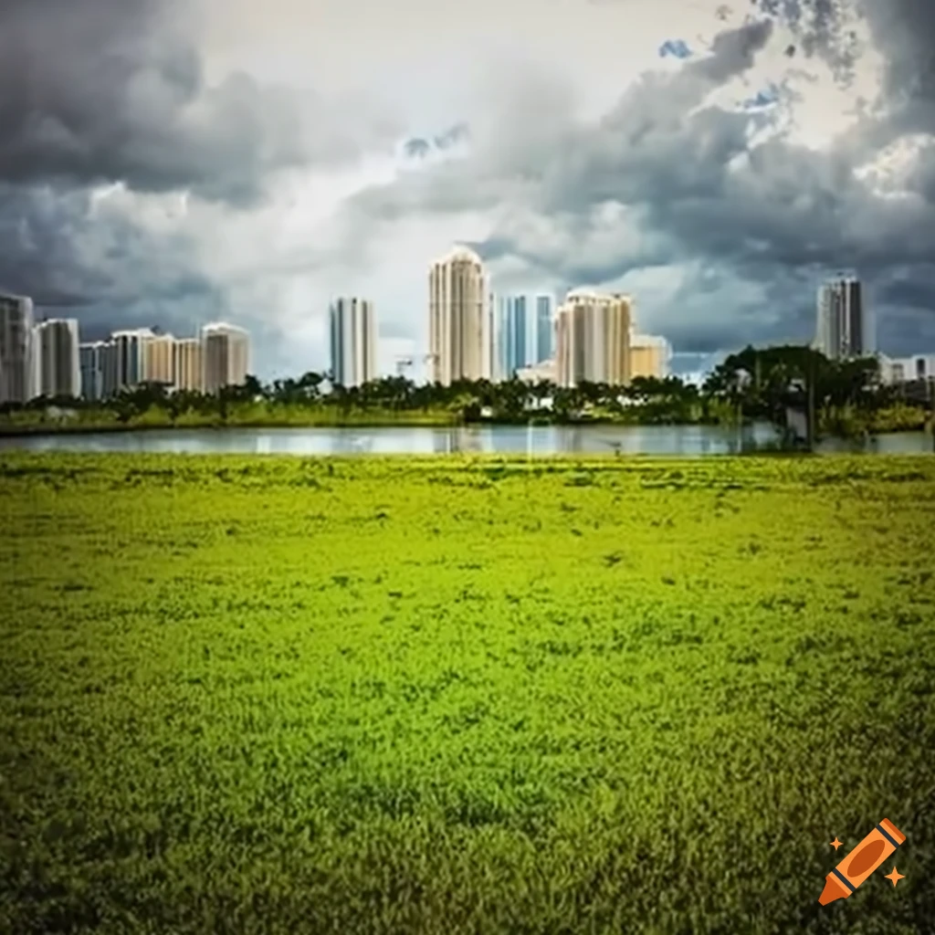 Rainy day on a field outside a solar-powered city like Miami