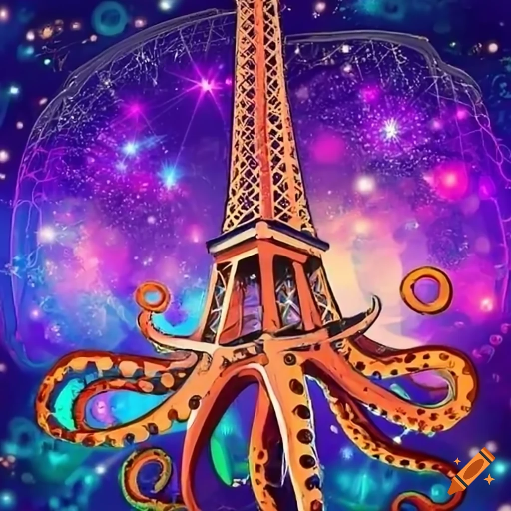 Eiffel tower with an octopus twist, cute and sparkling