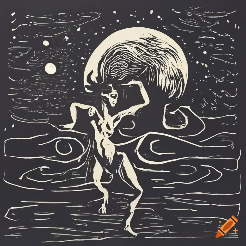 Silhouetted lone satyr dancing against the moon on a starry night in a lino cut style