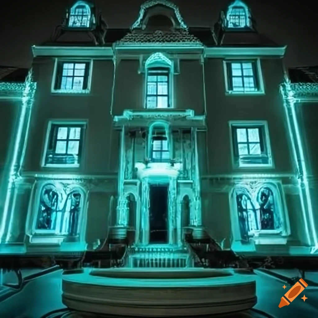 Modern mansion made of glowing digital virus icons