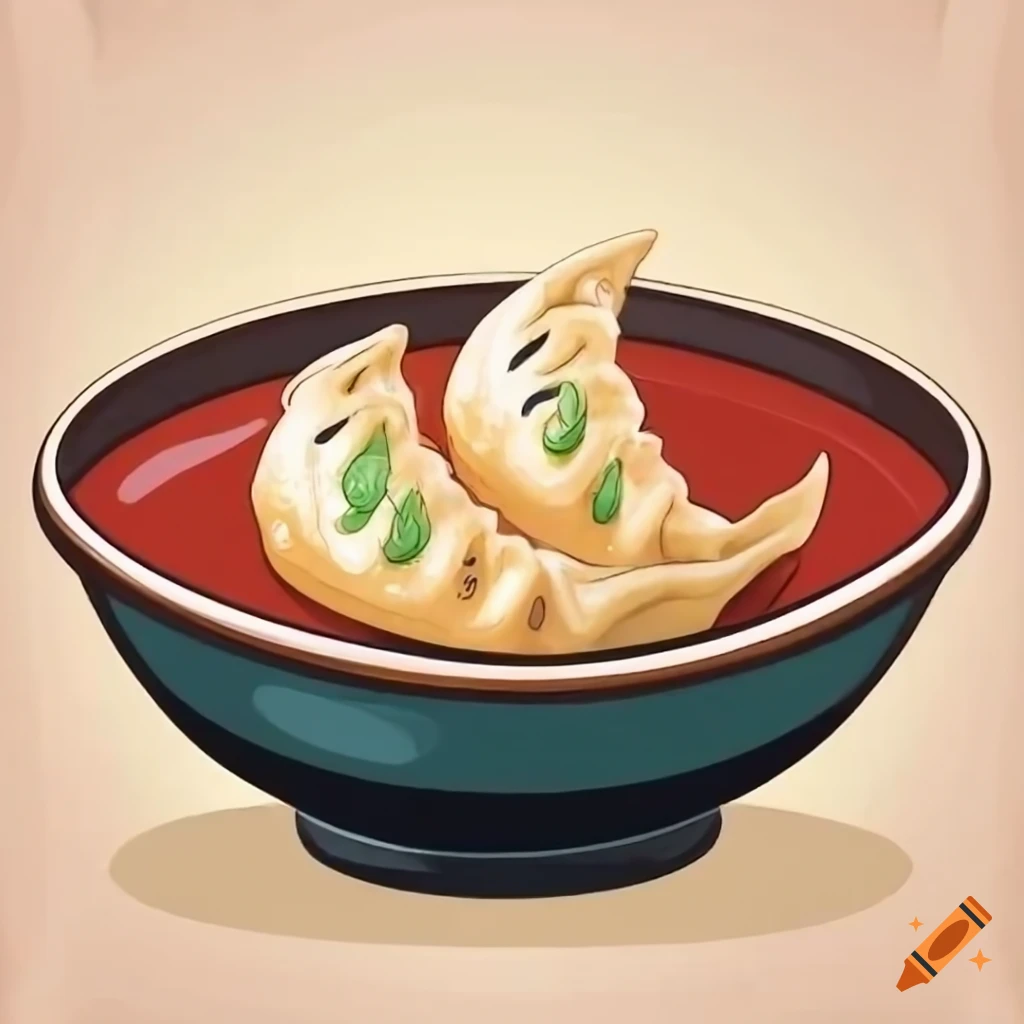 Gyoza dumplings with soy sauce in a cartoon style