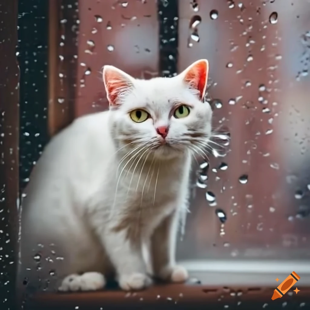 White cat looking out the window on a rainy day