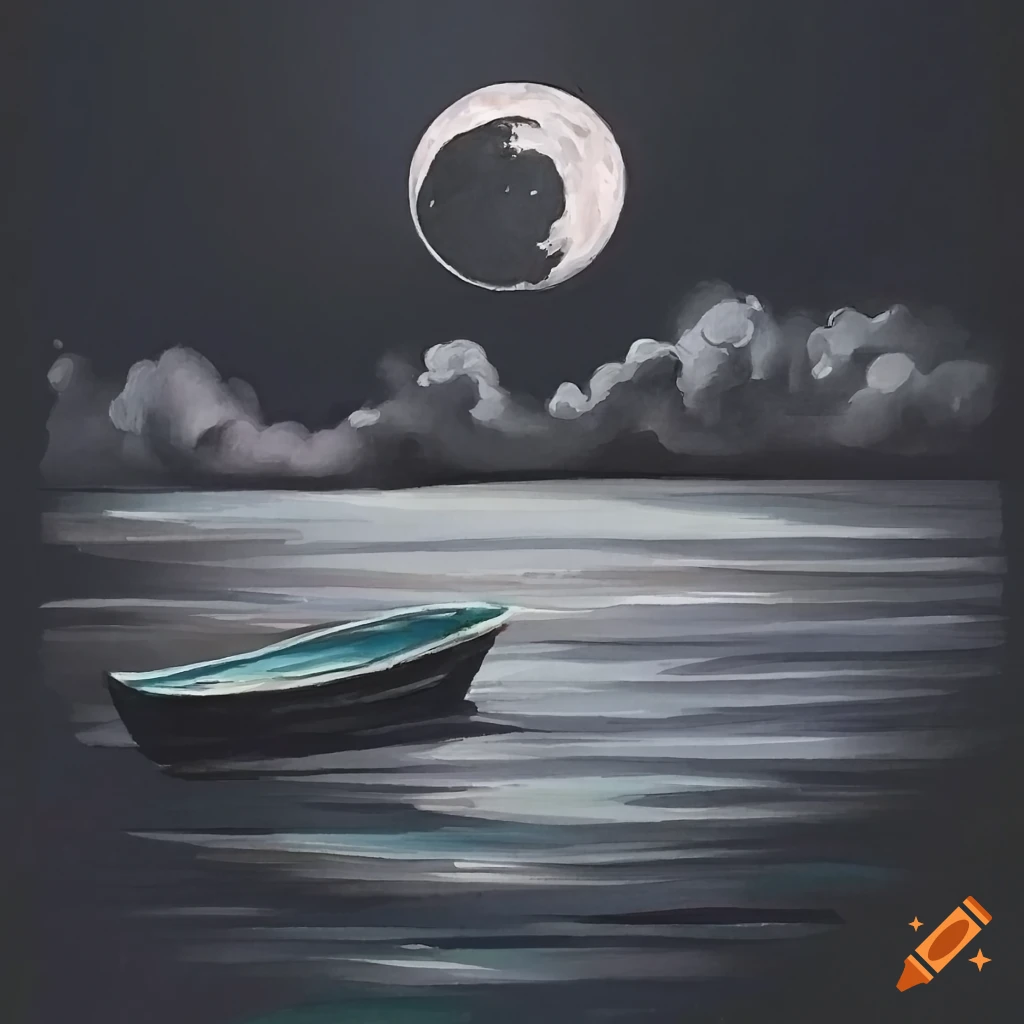 Small boat at night with clouds and moon in black graphite drawing on ...