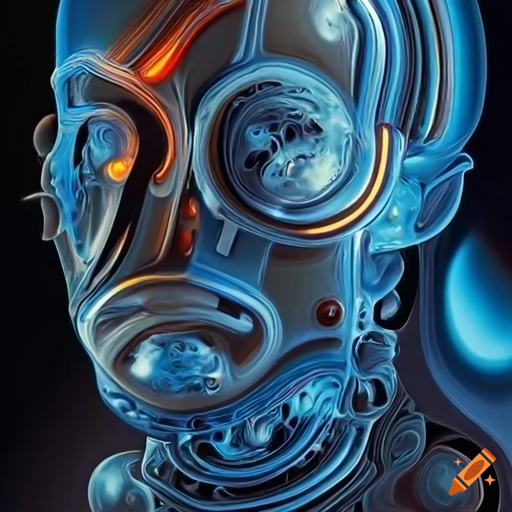 X-ray biomechanoid man face with metallic surfaces in a detailed abstract style