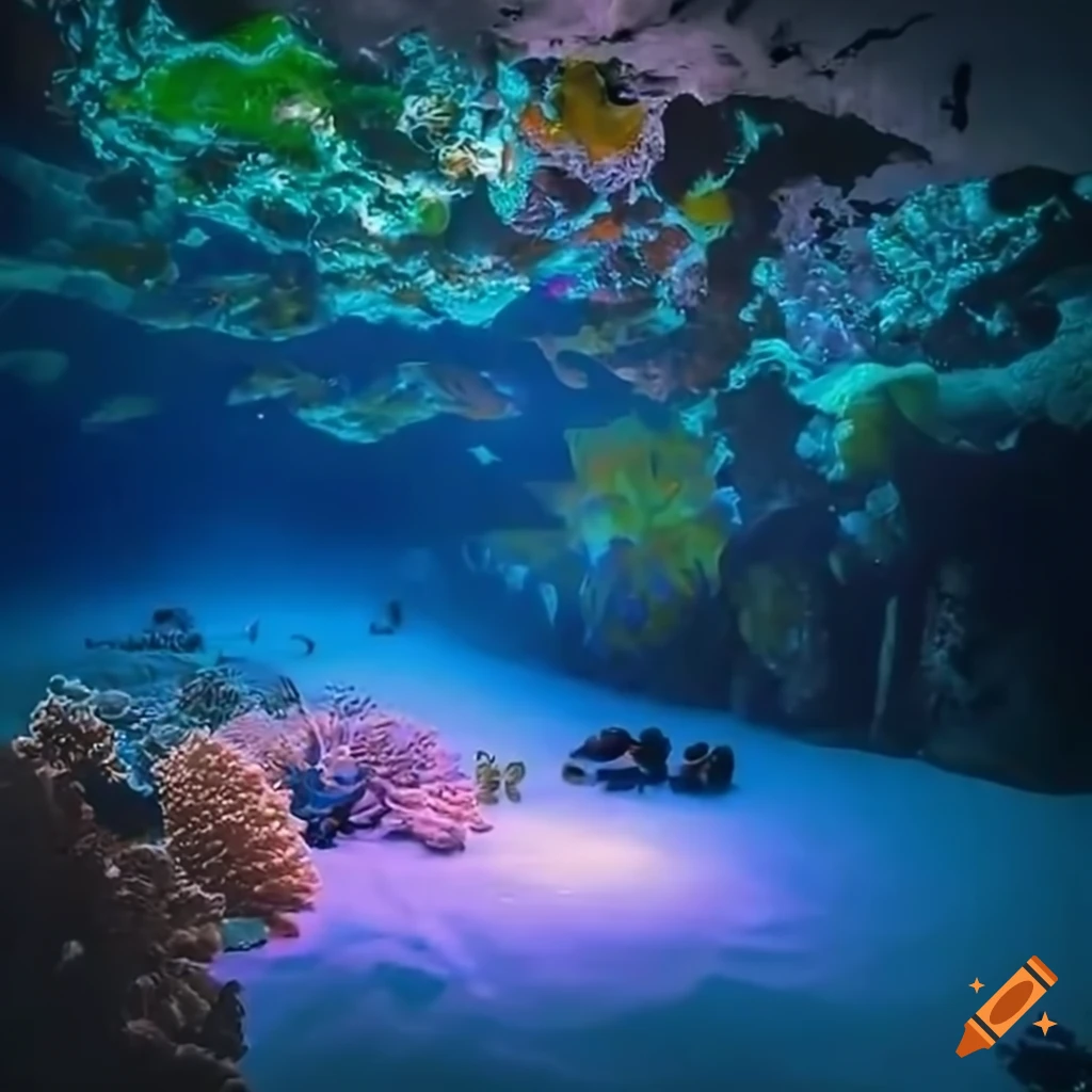 Magical ocean cave with glowing coral reef on sandy floor