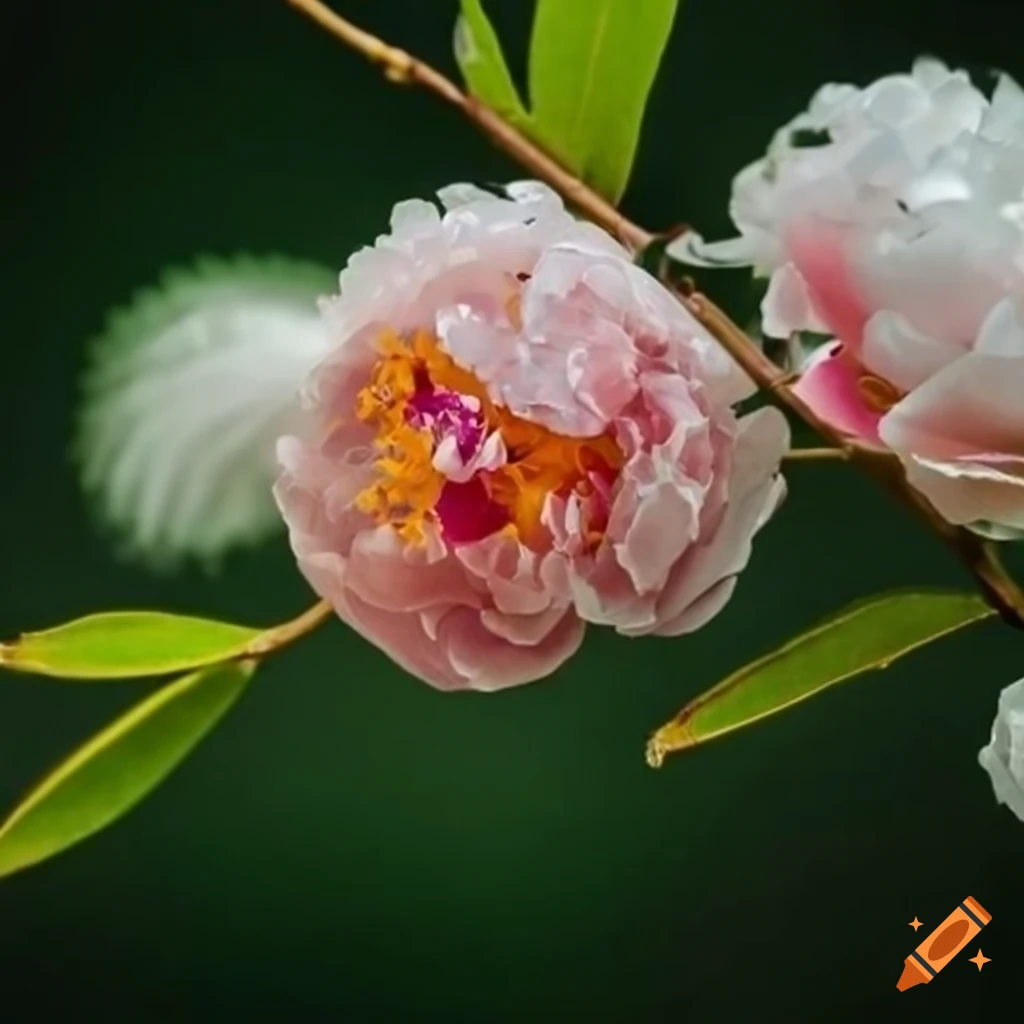 Willow tree branches and leaves with peony flowers made from crystal gems