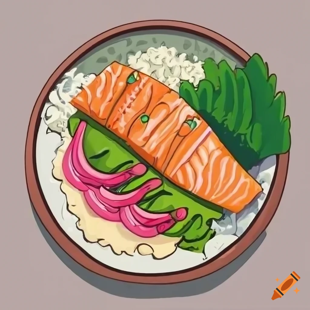 Japanese fried salmon and rice in cartoon style