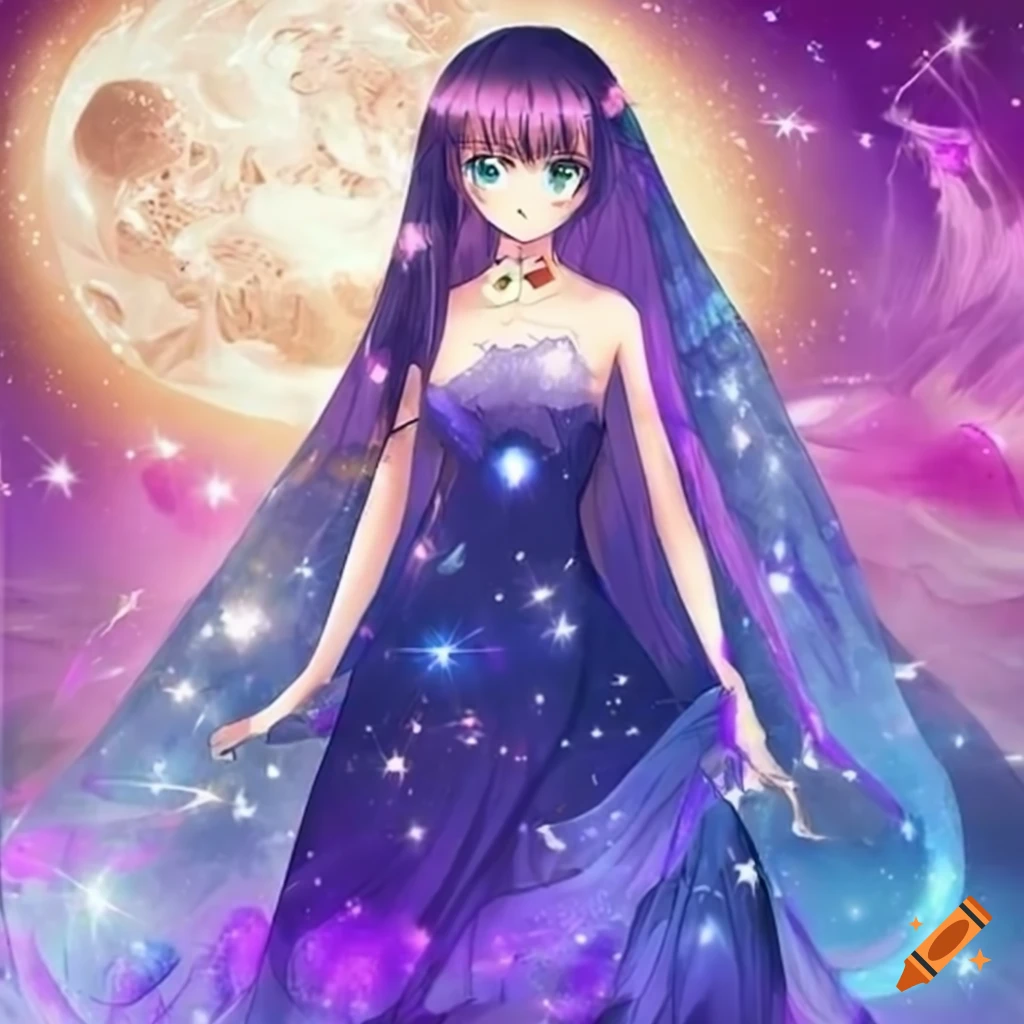 Anime lunar princess in ethereal dress with cosmic veil