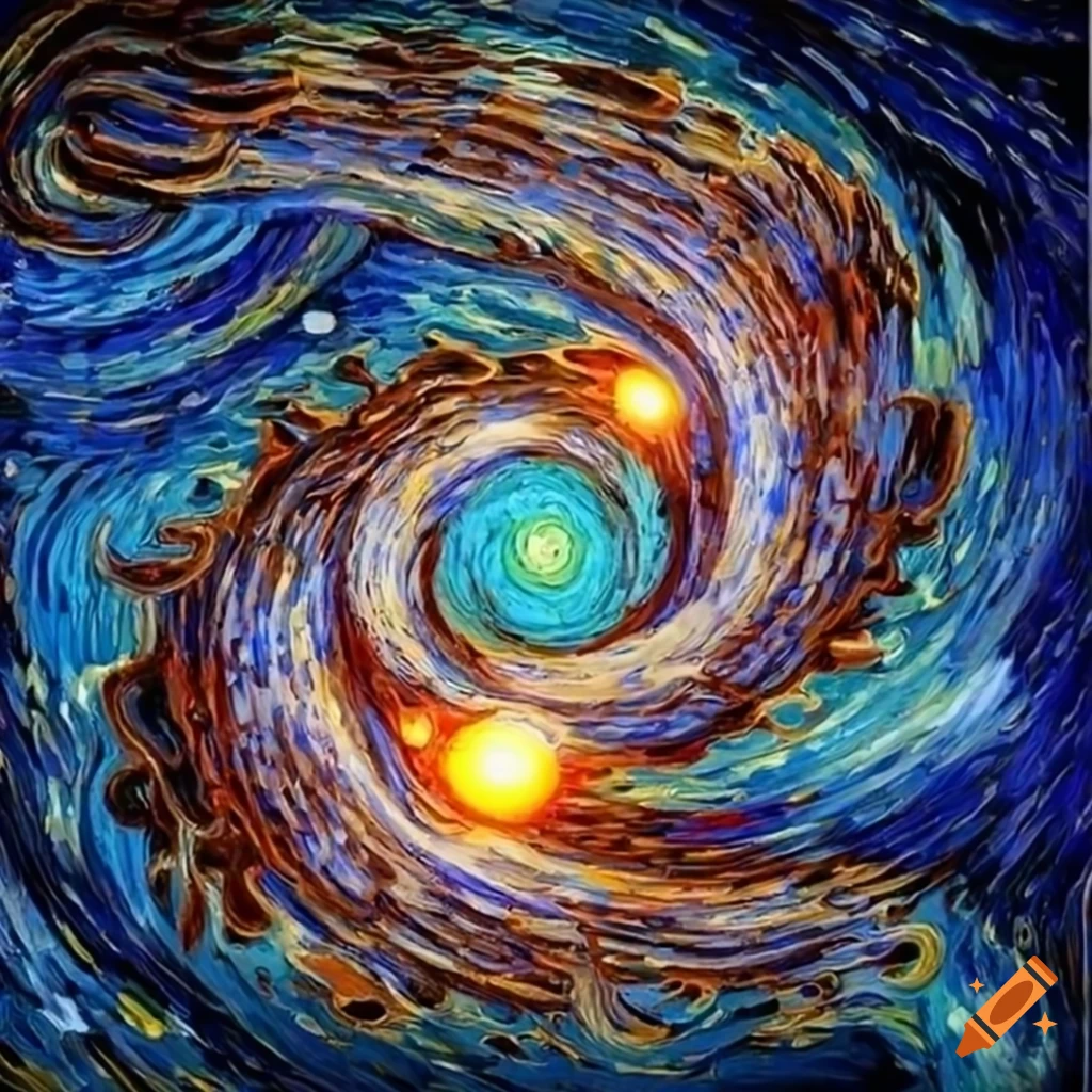 Swirl of stars and planets with angel wings in Van Gogh style