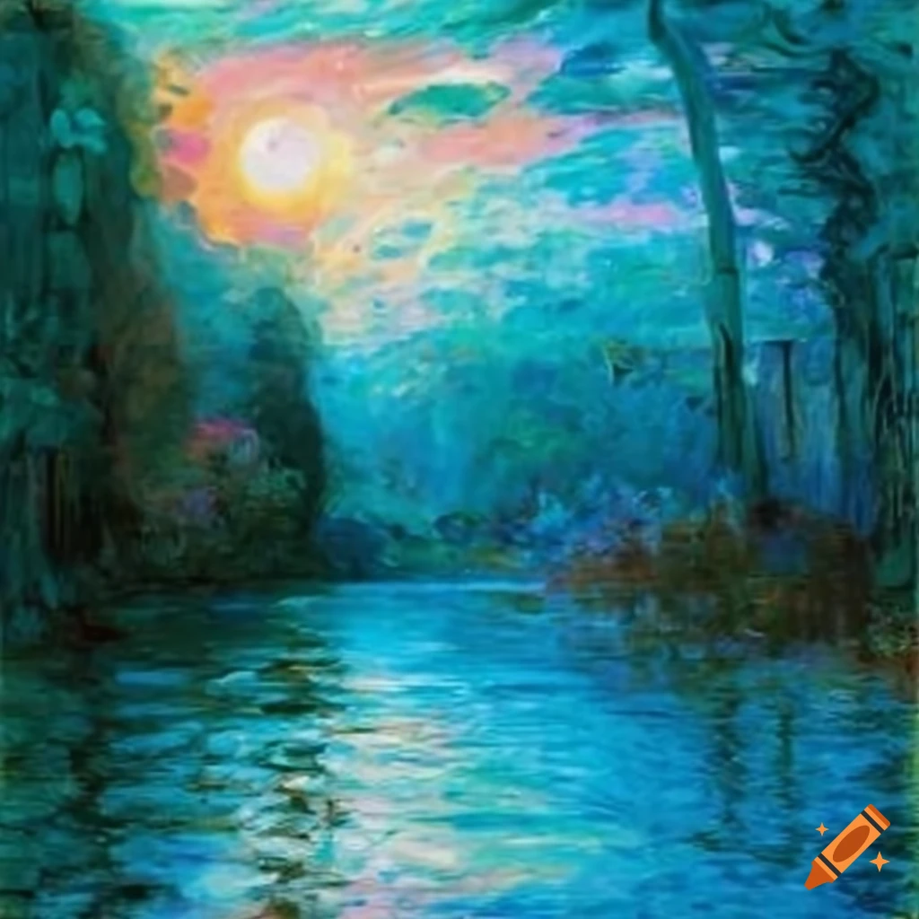 Evening party around the pool in the style of Claude Monet