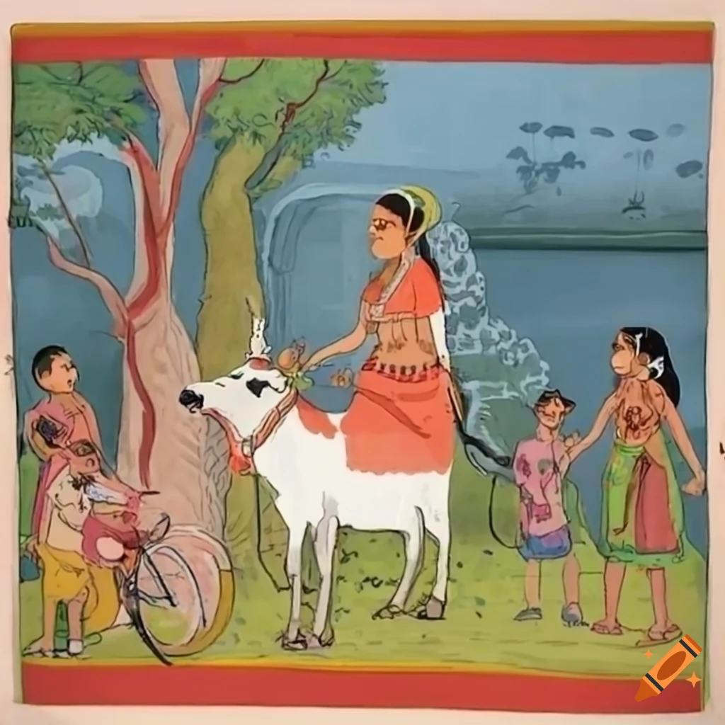 Cow and calf with owner, village women with children, tree, dog, cat, and bicycle