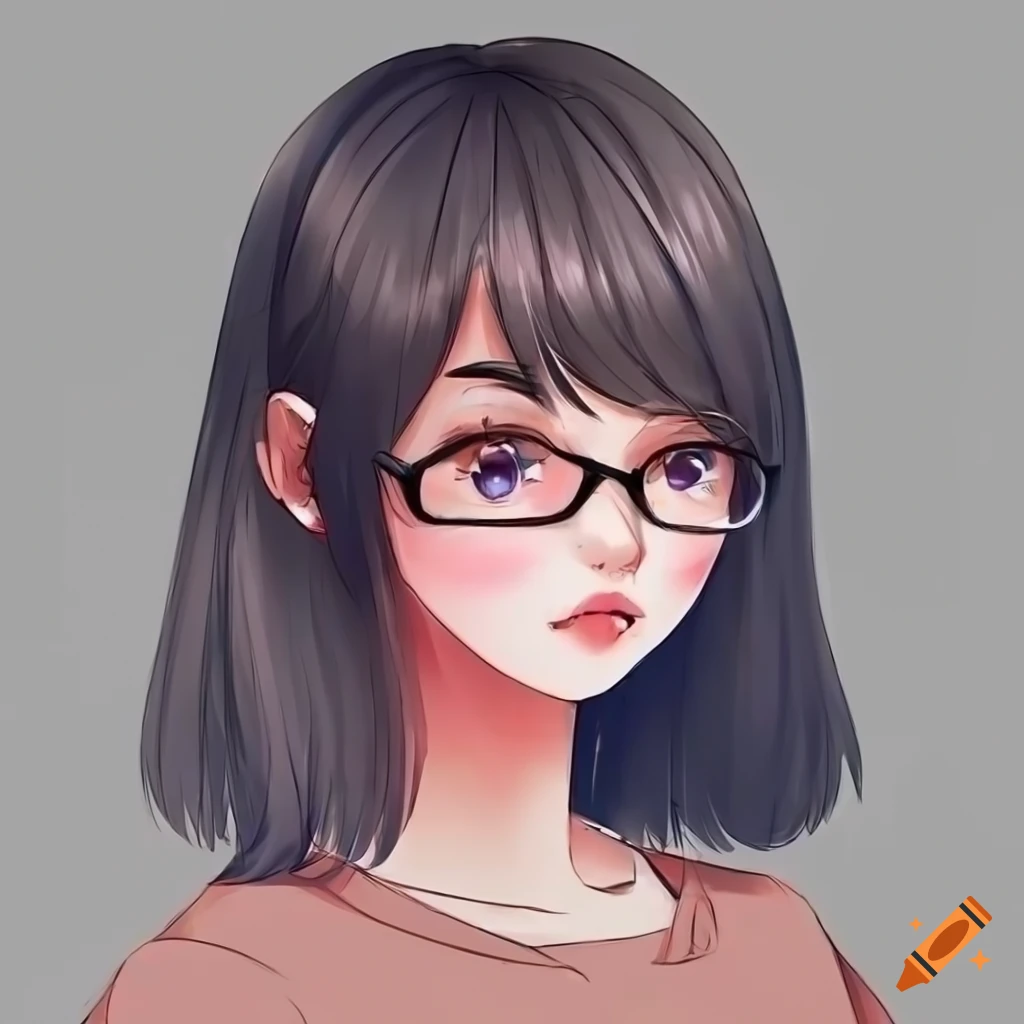 Asian girl with shoulder-length hair and glasses in cute anime style