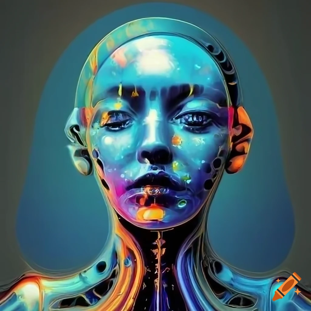Biomechanoid woman face resembling C3PO with metallic surfaces