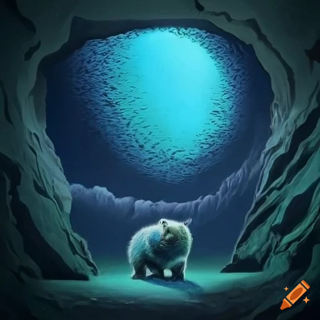 Surreal scene with a blue wombat in a cave where diamonds cascade like waterfalls