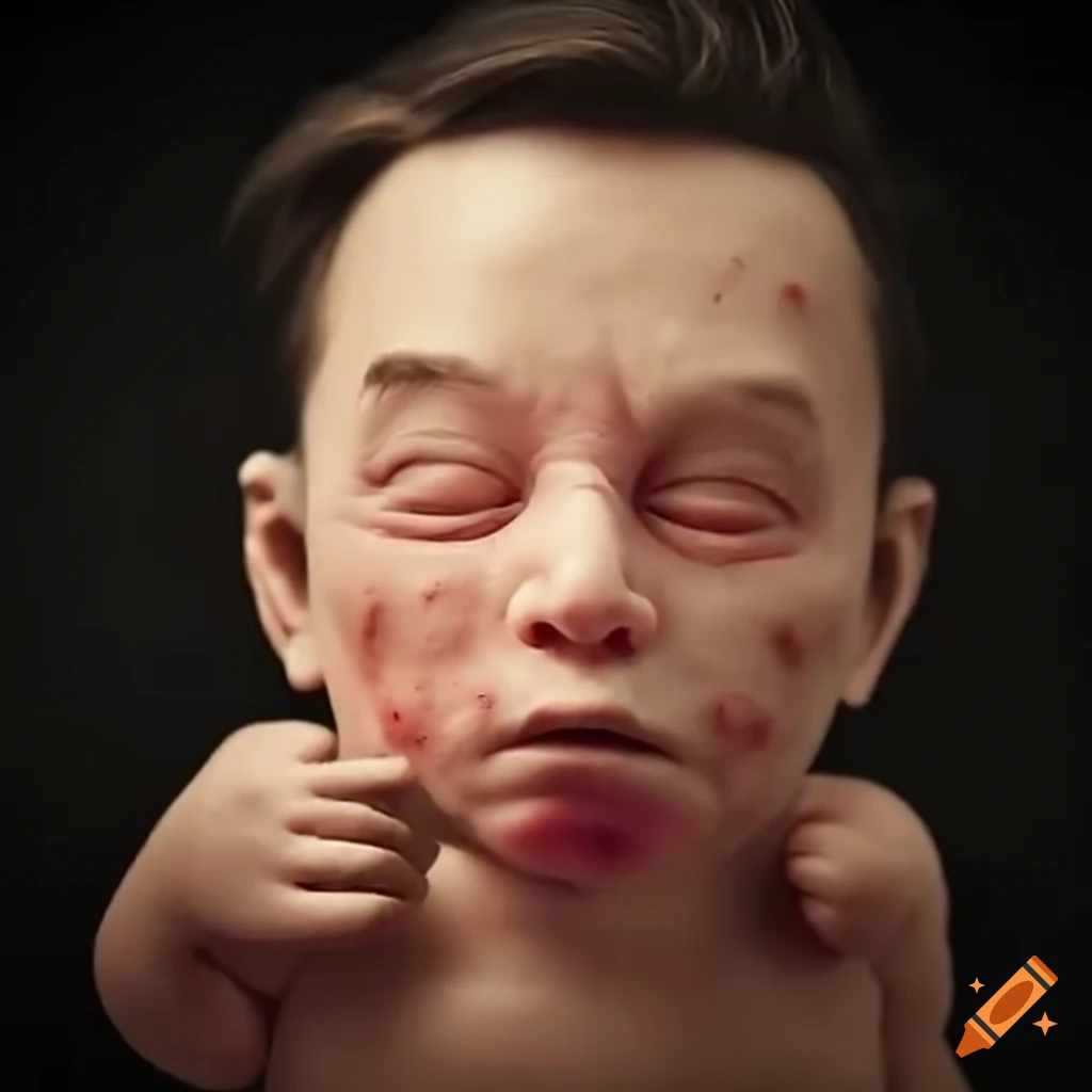 Claymation of Elon Musk as a baby with a gross pimple