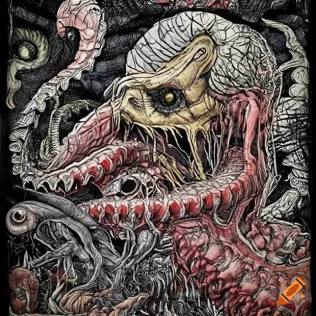 Detailed nightmare scene illustration by Philippe Druillet with fantasy creatures and machines