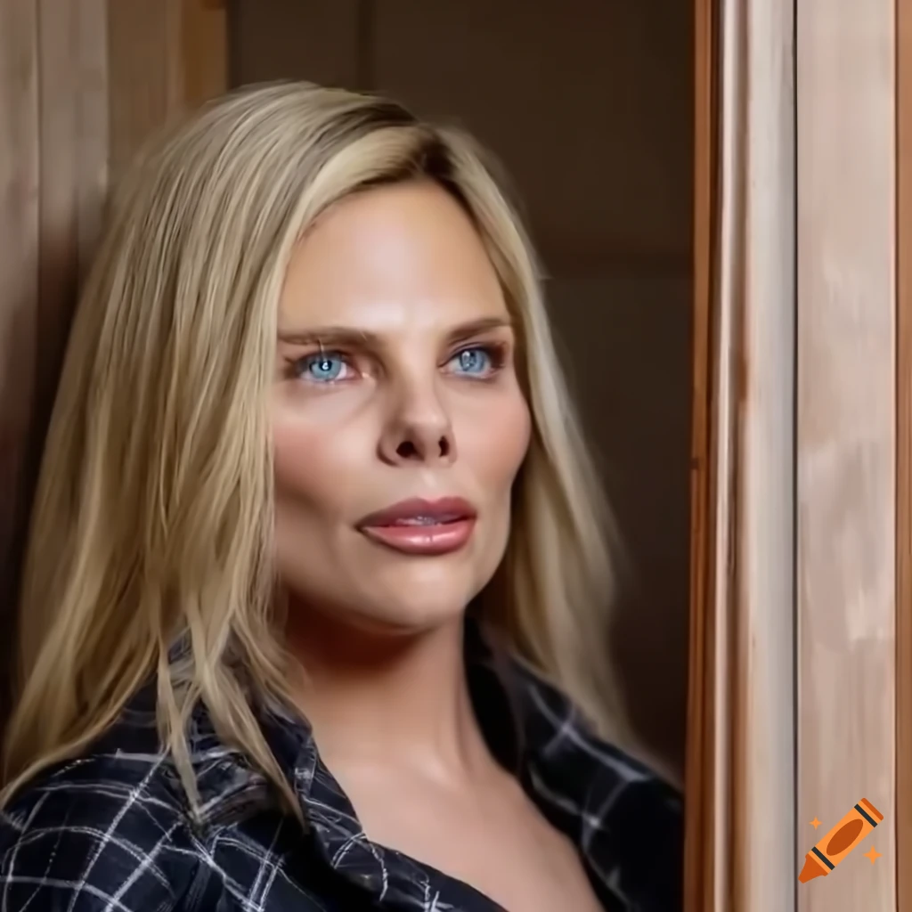 Blonde actress in country plaid shirt and high-waist black leather trousers peeking in a farmhouse kitchen