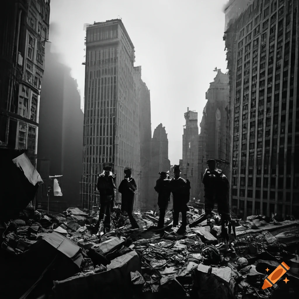 Group of people in urban camouflage uniforms on city streets with smoke and skyscrapers