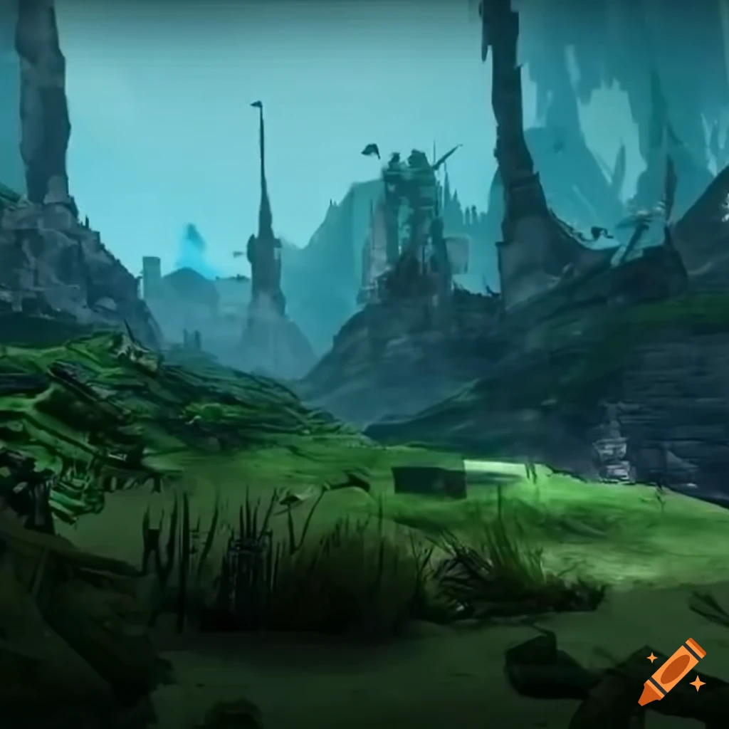 Borderlands landscape with prehistoric flora and rally track