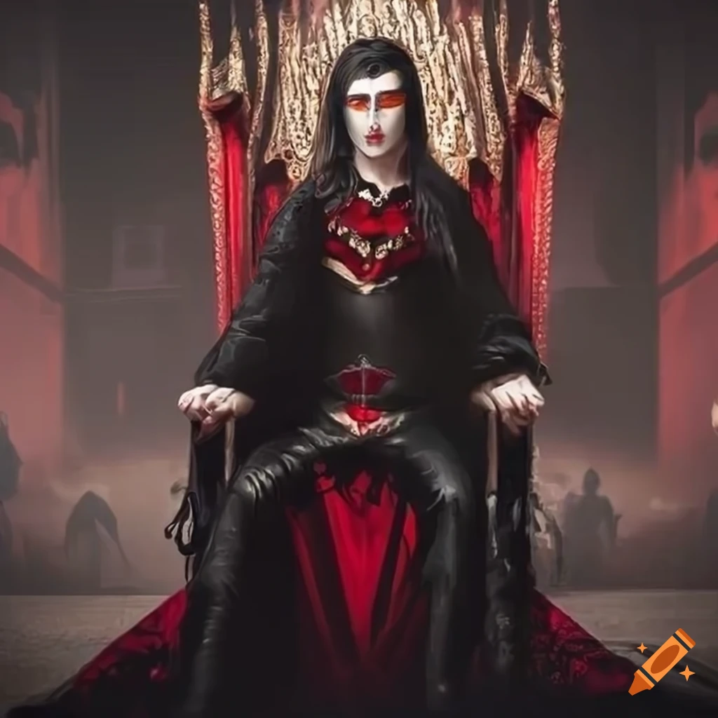 Young handsome vampire in black robe and red eyes sitting on throne ...