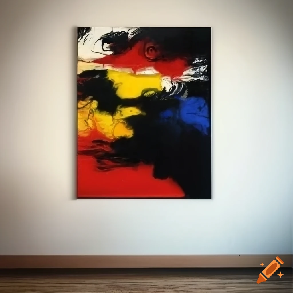 Abstract art by Rauschenberg with influences from Yoshitaka Amano and Zao Wou-Ki, red, black, yellow, blue, white motif