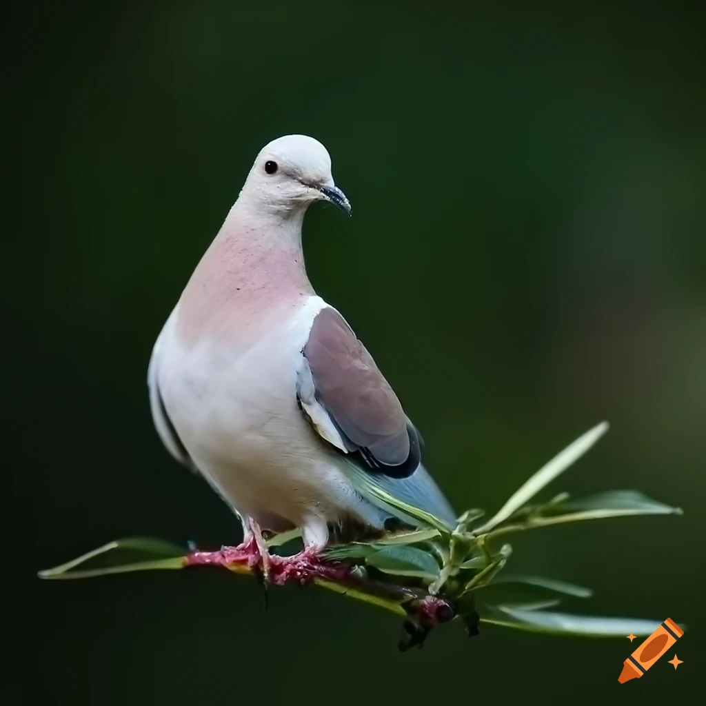 Close-up hyperrealistic photo of a dove with an olive branch, intricate detail
