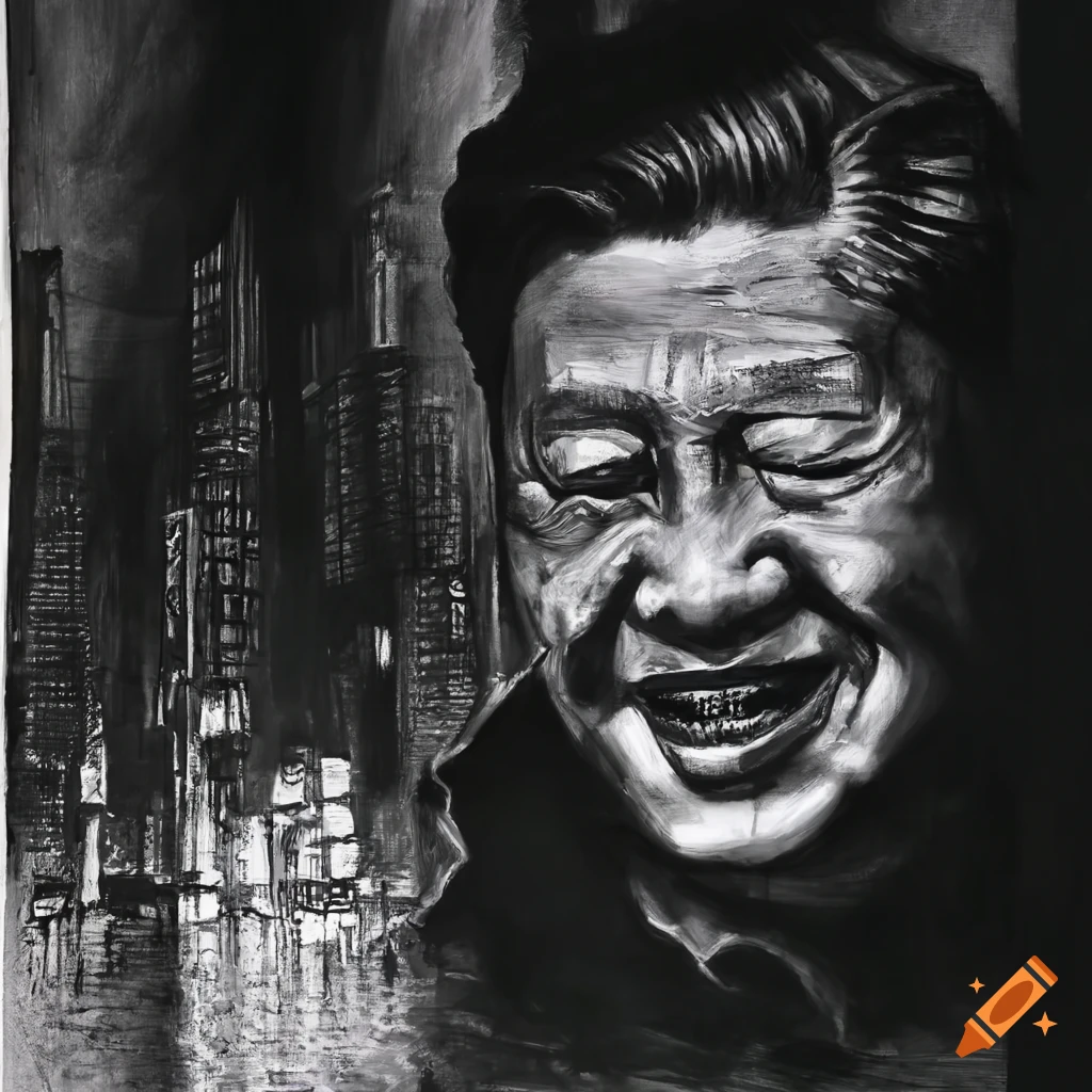 Dark cityscape with intense portrait of Xi Jinping on TV screen in Hong Kong alley