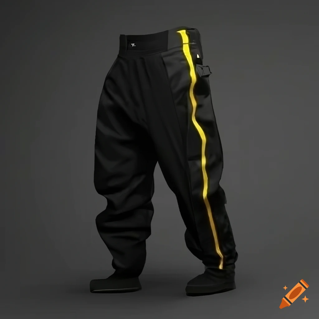 Sportive black jacket and pants with yellow and black stripes on side panels
