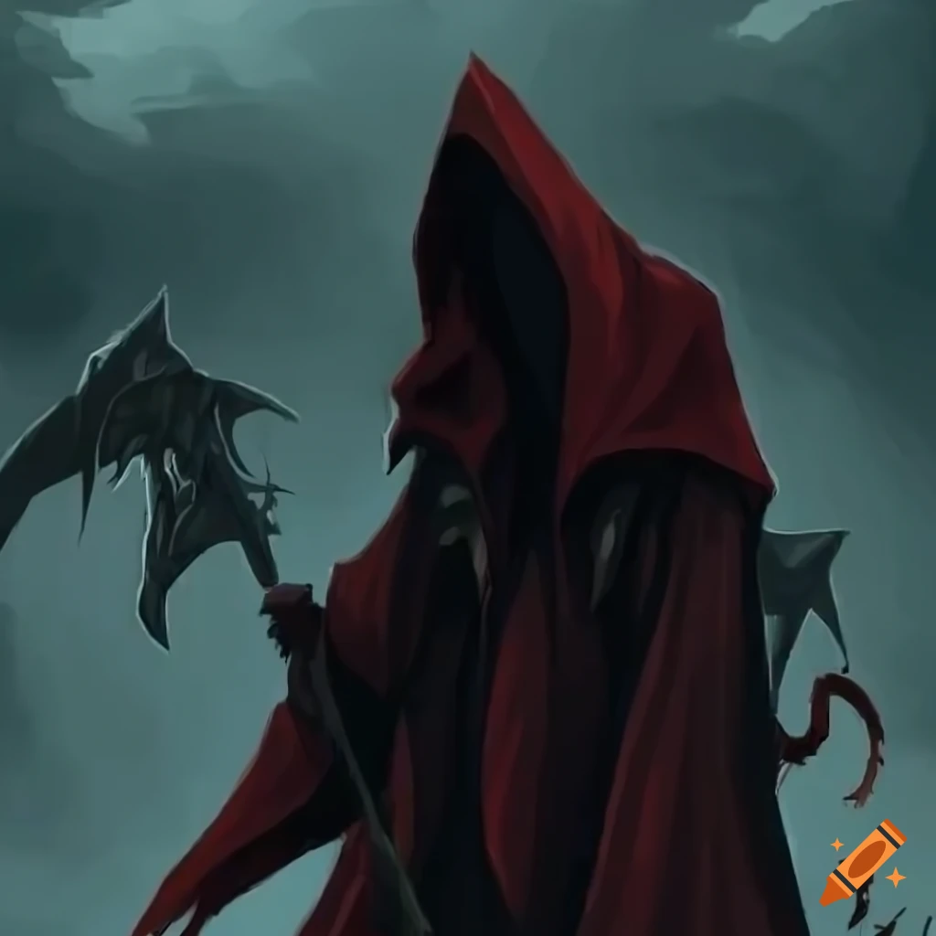 Dark sorcerer resembling Death with an iron magical staff in barren lands
