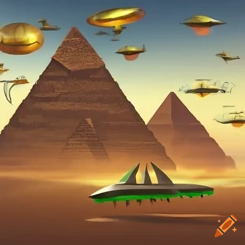 Pyramids of Giza with alien ships hovering above
