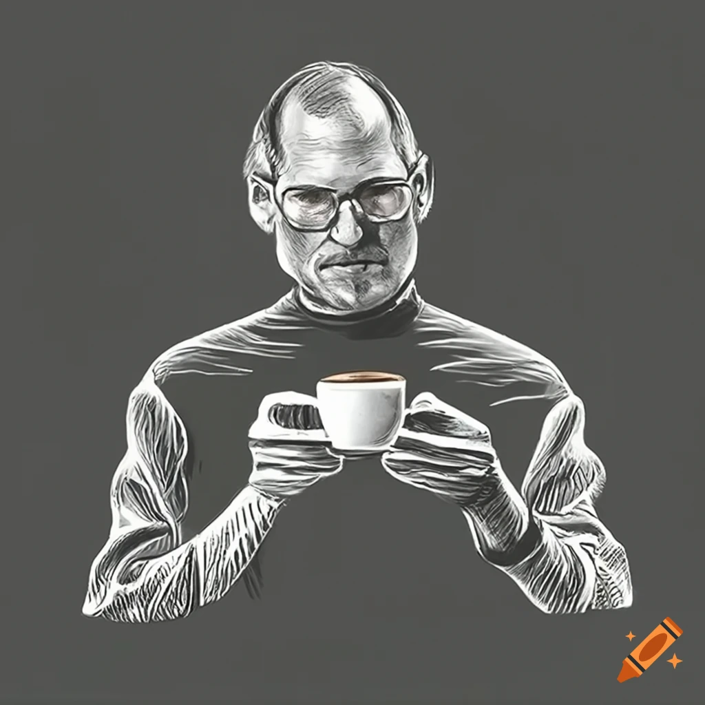 Steve jobs with a small cup of coffee and a macbook, high definition