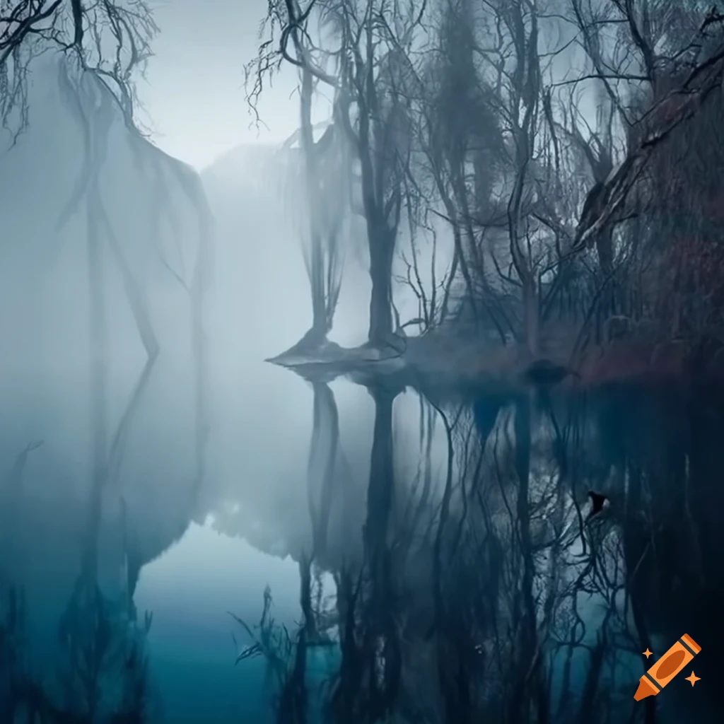 Alberi nella nebbia sul lago con cielo coperto