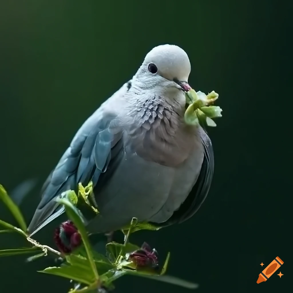 Close-up hyperrealistic photo of a dove with an olive branch, intricate detail