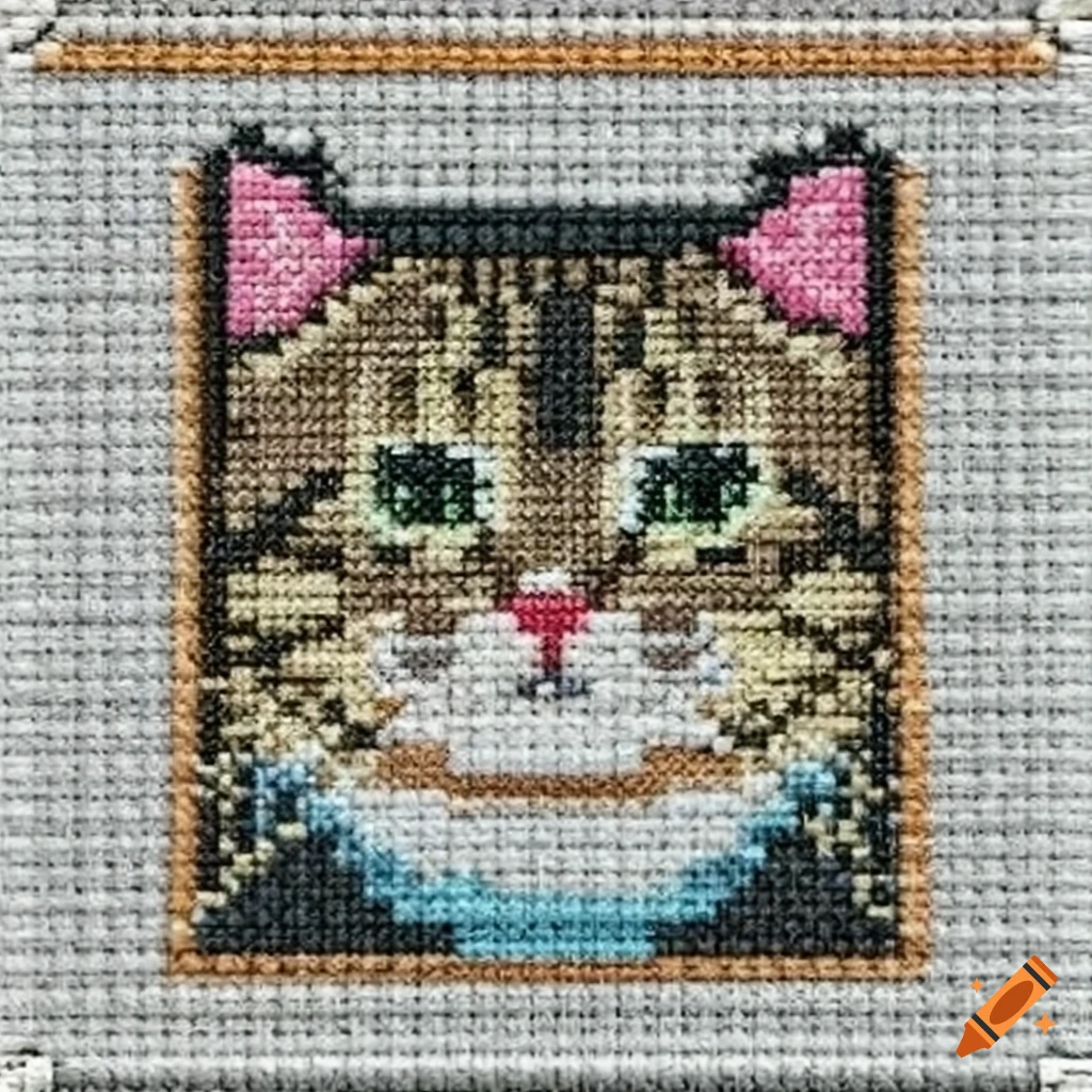 Intricate cross-stitch design of a cute and playful cat
