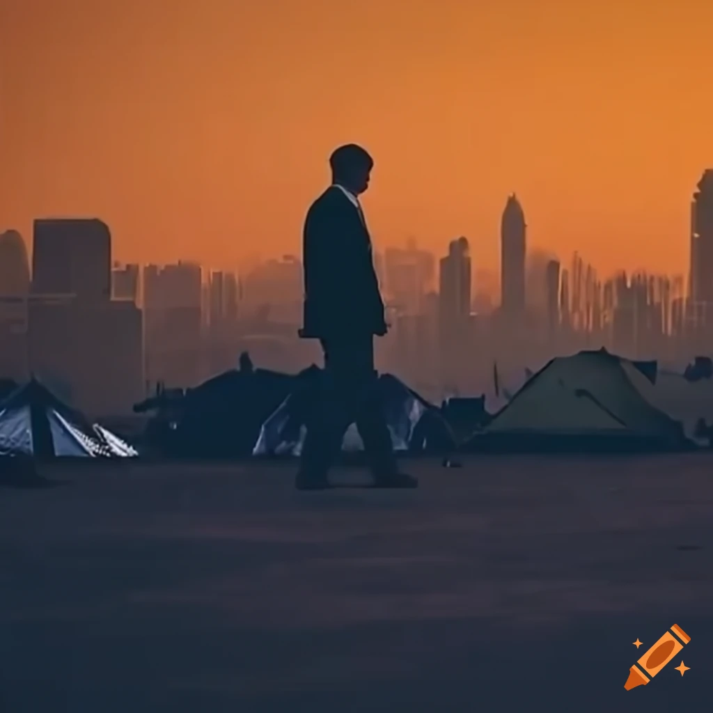 Elegant man walking angrily in Los Angeles amidst tents and smog