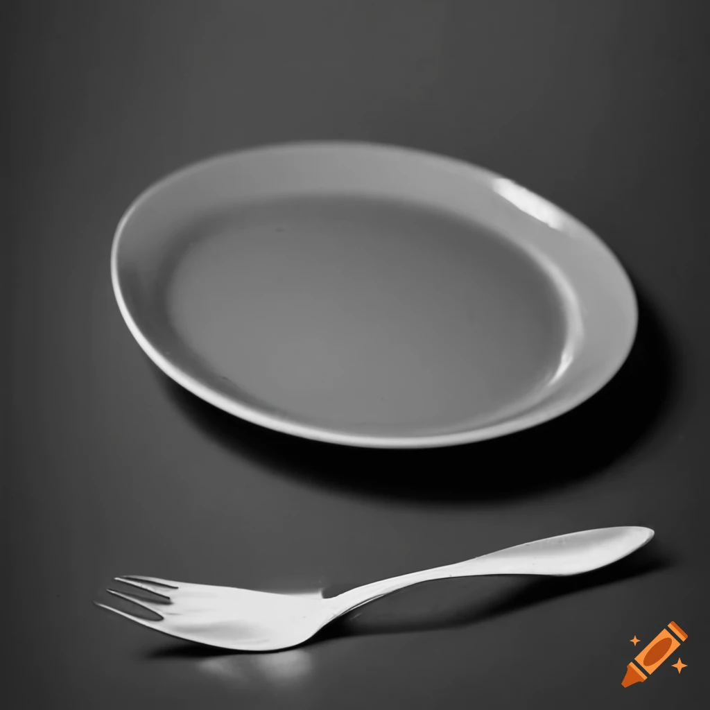 1950s style black and white photo of a floating plate with fork and knife
