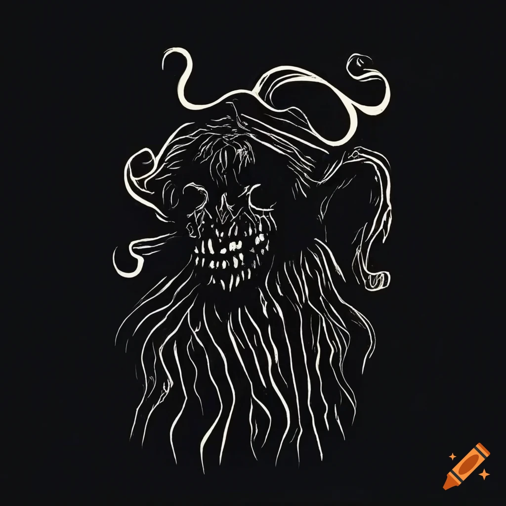 Silhouetted satyr character in black and white lino print style