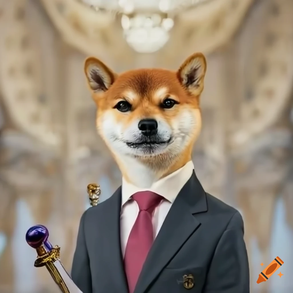 Elegant ceremony with a Shiba Inu handing a scepter to a Russian agent in a grand hall