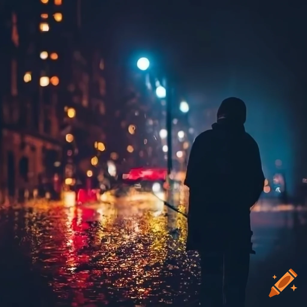 Man standing in a rainy city under street light at night