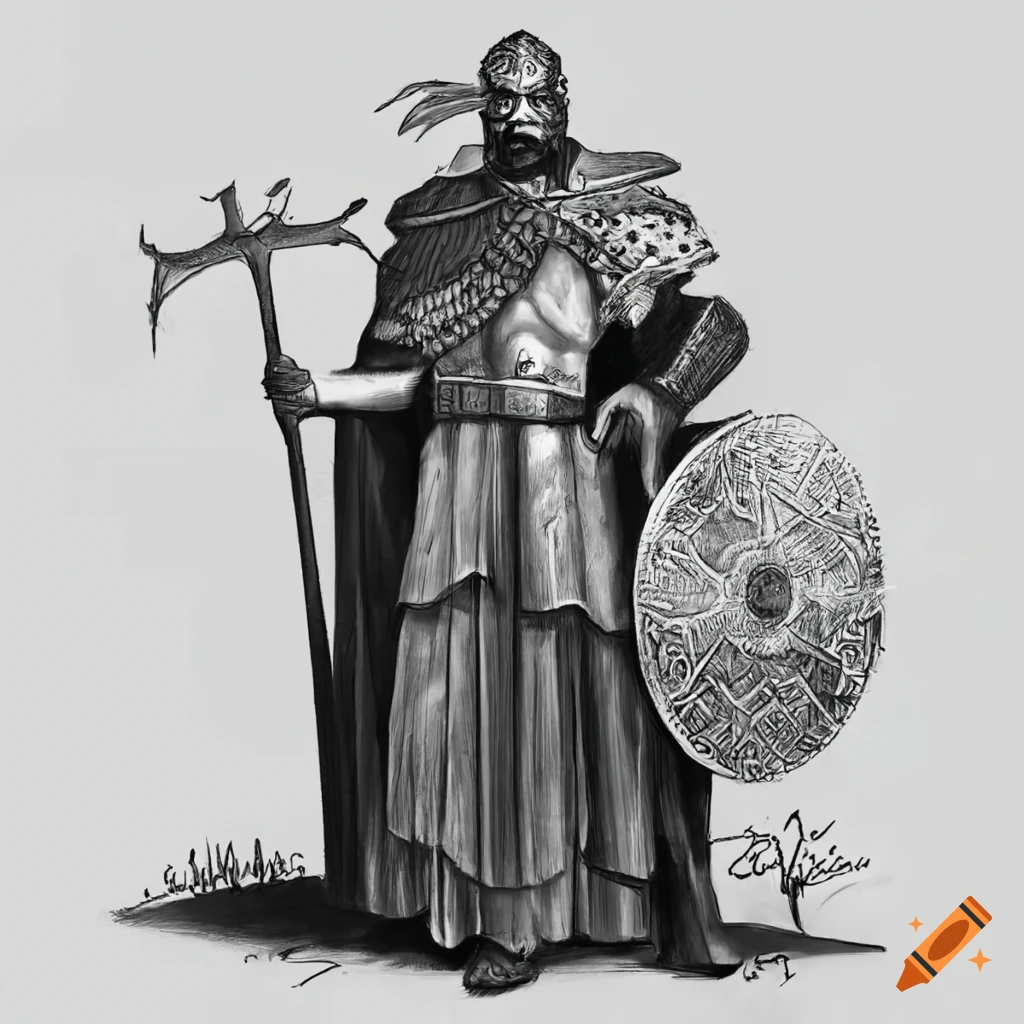 Bronze age king portrayed in black and white drawing on Craiyon