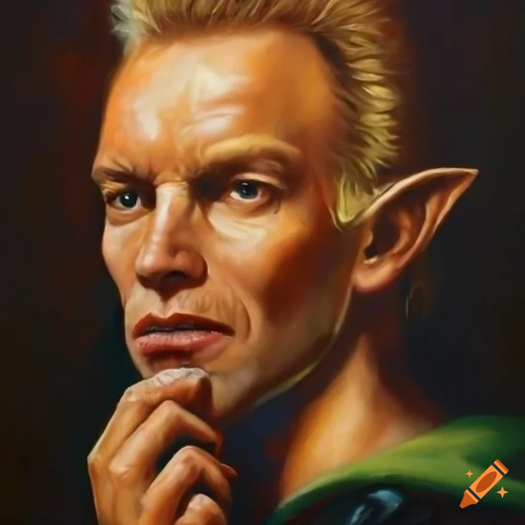Oil painting of musician Sting as an elf in a fantasy setting