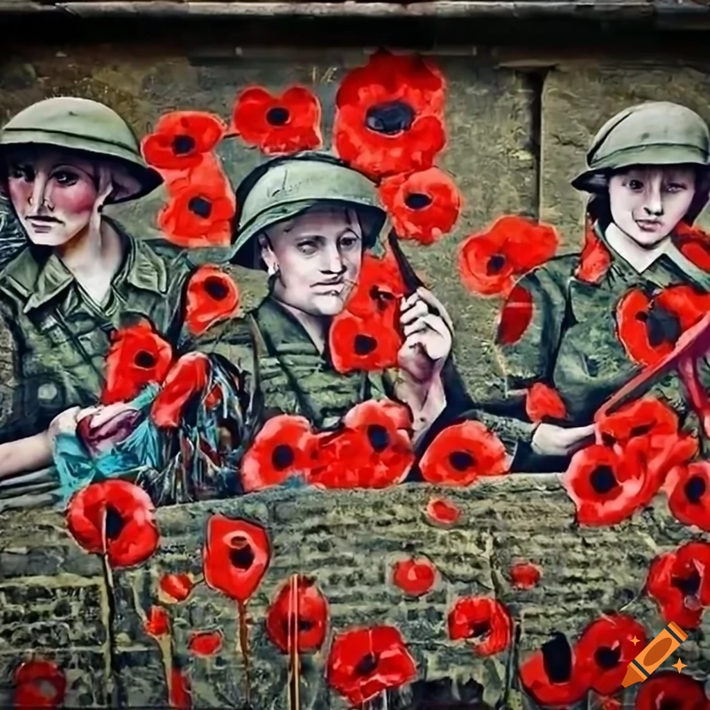 Graffiti wall with elements of World War 1 including soldiers, trenches, tanks, planes, poppies, and women in factories