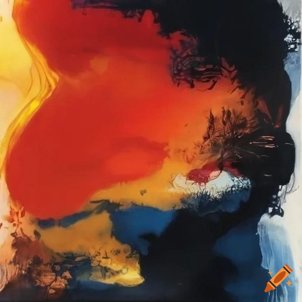 Stunning abstract art piece by Rauschenberg with influences of Amano and Wou-Ki, red, black, yellow, blue, white colors, depicting a moist lake, mountain, and white space