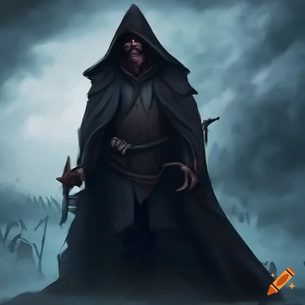 Dark sorcerer resembling Death with iron magical staff in barren lands
