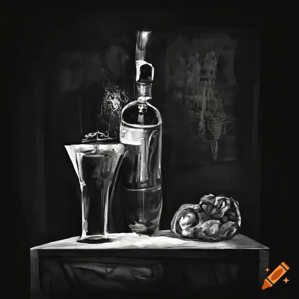 High contrast black and white scratchboard illustration of a bar with fancy cocktails