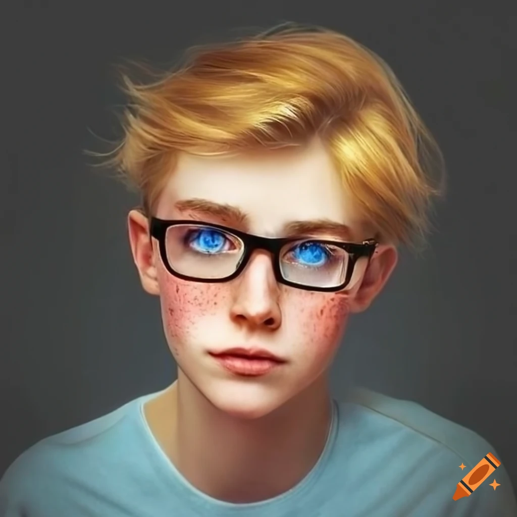Young man with soft features, golden blond hair, blue eyes, freckles, and glasses
